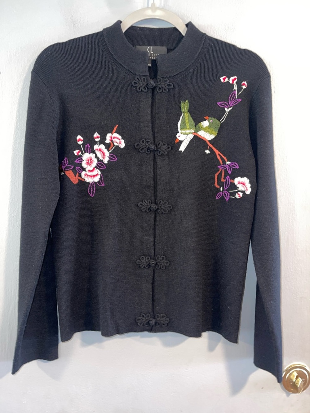 Carole Little Black Embroidered Bird & Floral Wool Cardigan Size S‎